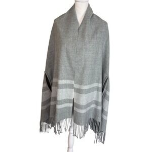 J.Crew Gray Striped Poncho Wrap Cape with Arm Slits and Fringe Trim One Size